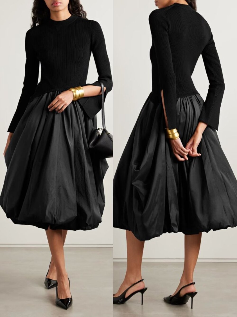 Simkhai Kenlie Black Midi Dress Ribbed Knit Mock Neck Taffeta Taylor Swift L - Picture 10 of 10